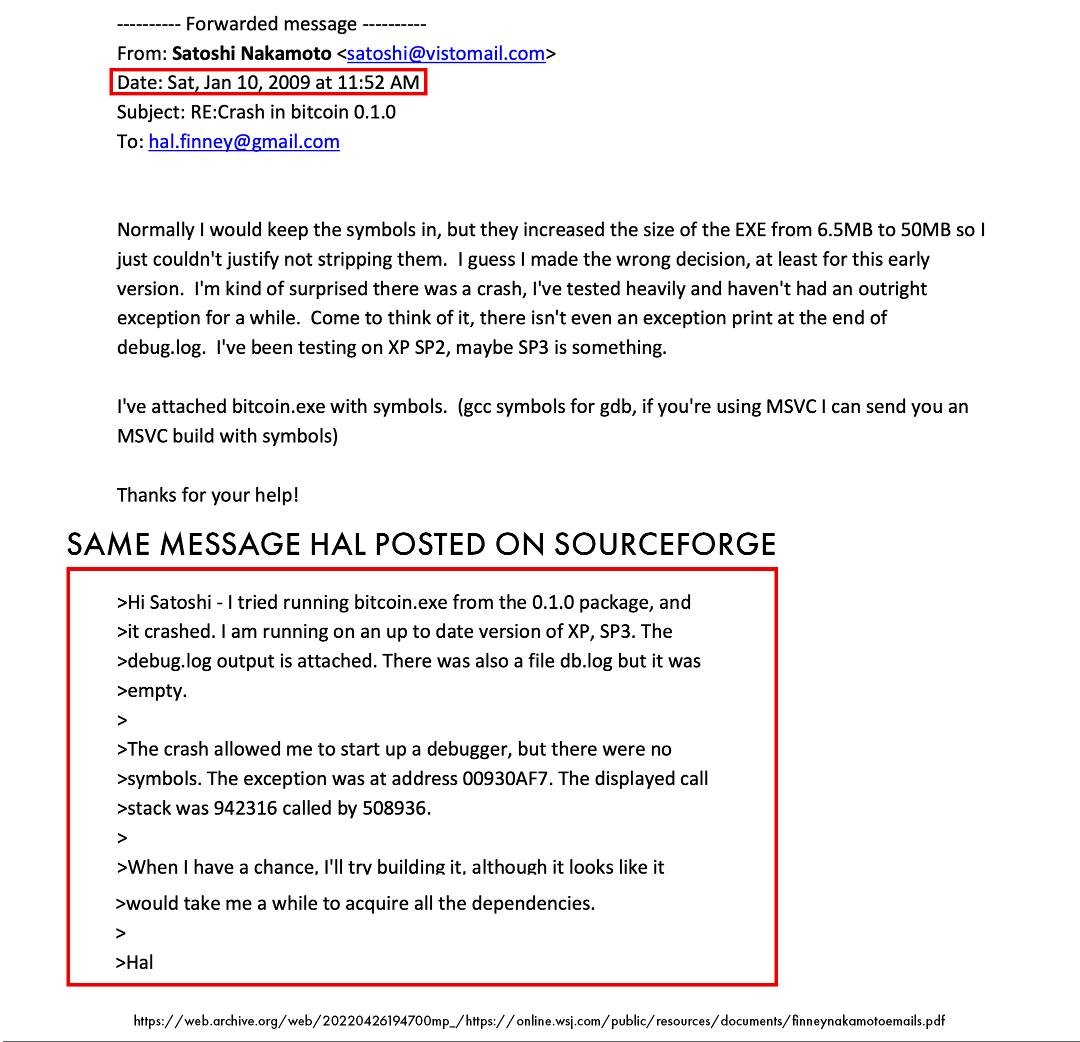Satoshi Nakamoto private email to Hal Finney&rsquo;s Bitcoin v0.1 client crash SourceForge post
