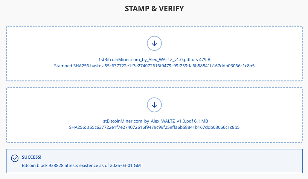 Open Timestamps verification for 1stBitcoinMiner.com